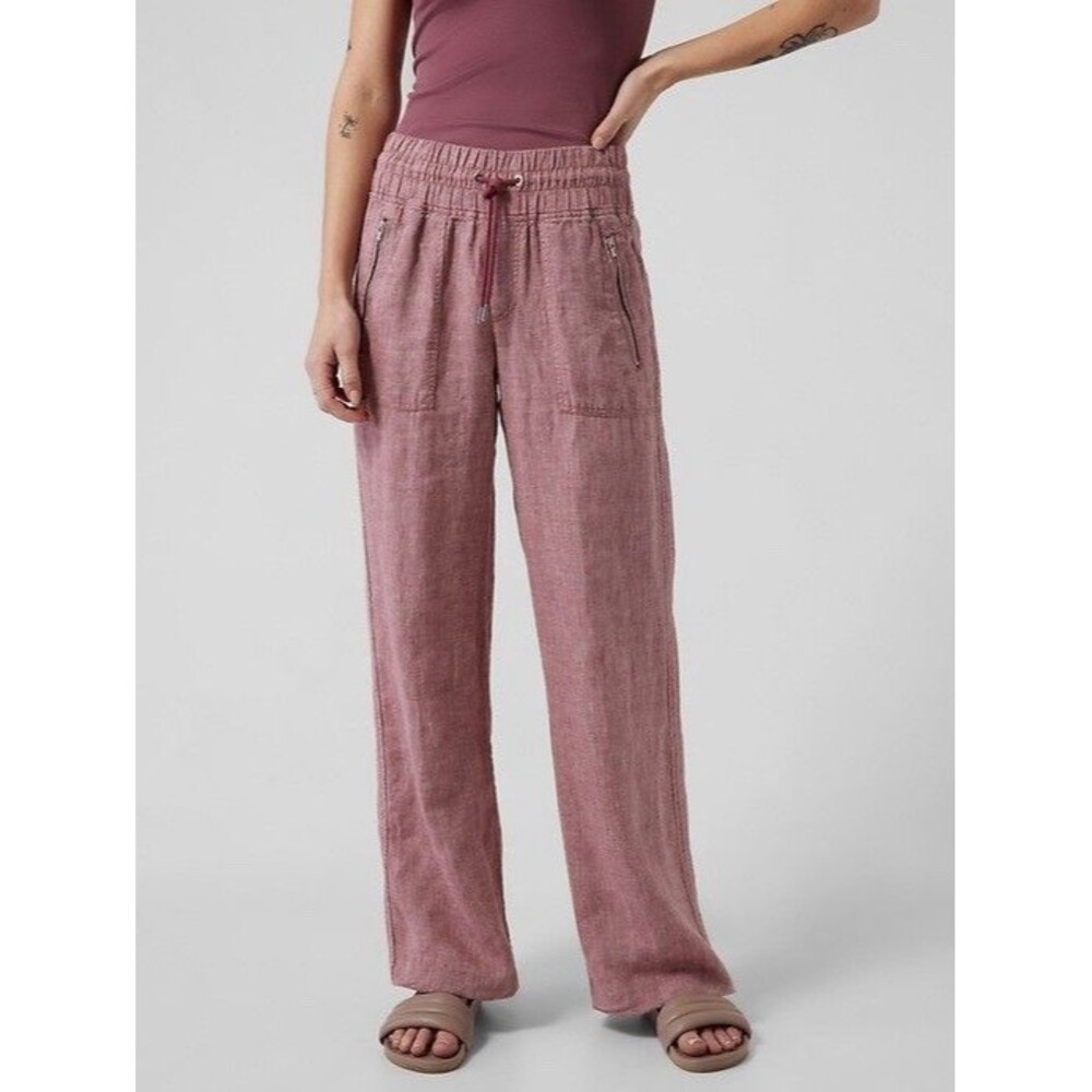 Athleta Cabo Linen Wide Leg Pant Womens 6 Heather Burgundy Zip Pockets